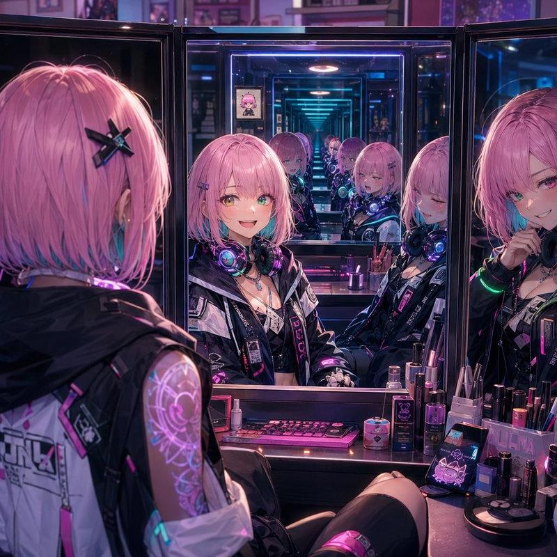 霓虹梳妆镜前的赛博朋克少女