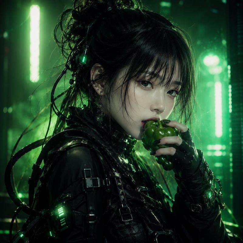 赛博朋克风格女性吃青椒