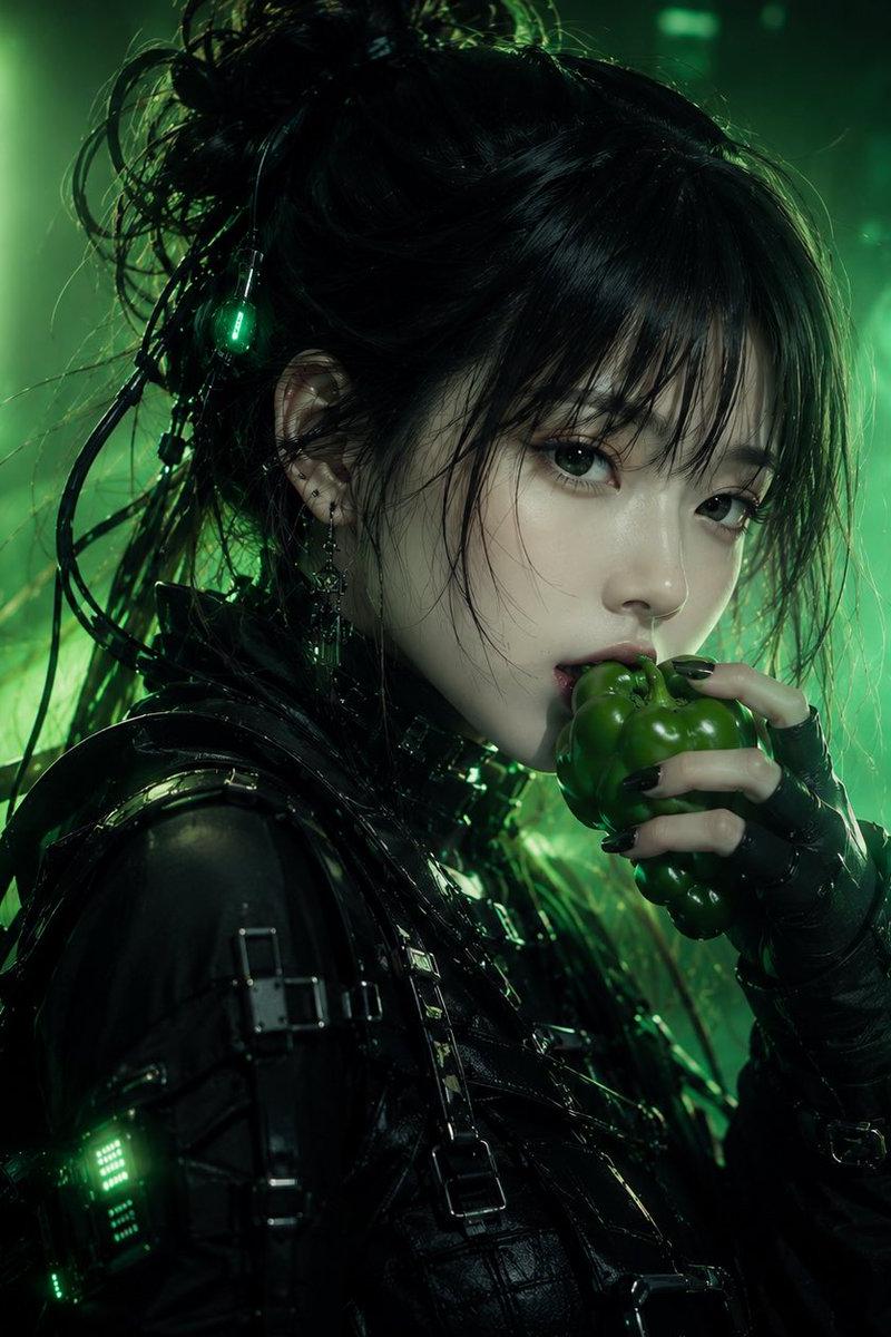 赛博朋克风格女性吃青椒