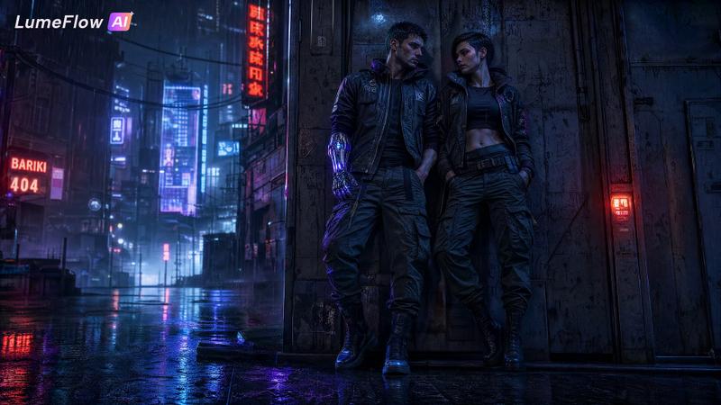 Cyberpunk Couple in Rainy City