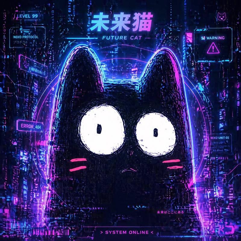 赛博朋克未来猫霓虹海报