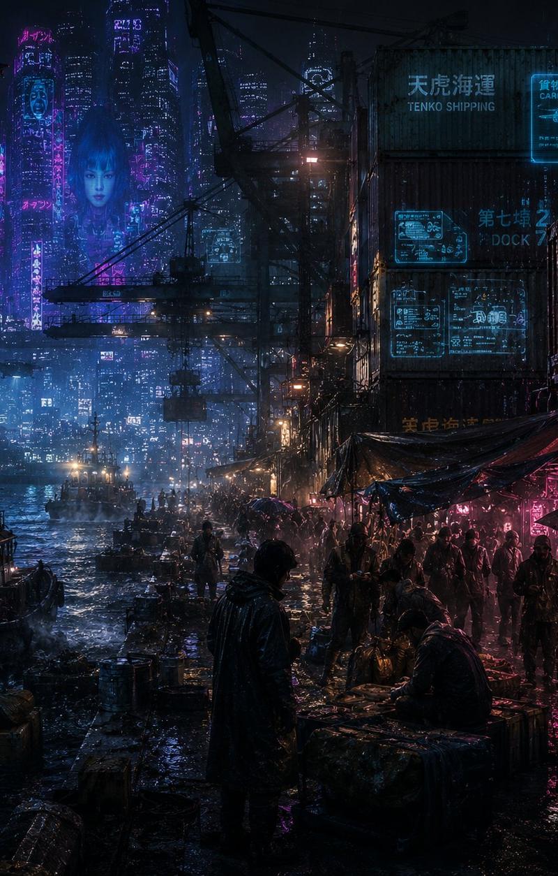 雨中赛博朋克港口黑市
