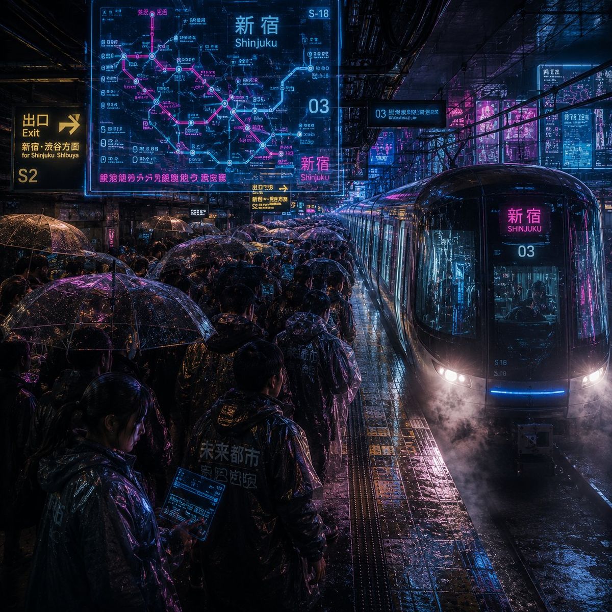 Noisy Cyberpunk Shinjuku Rain Platform