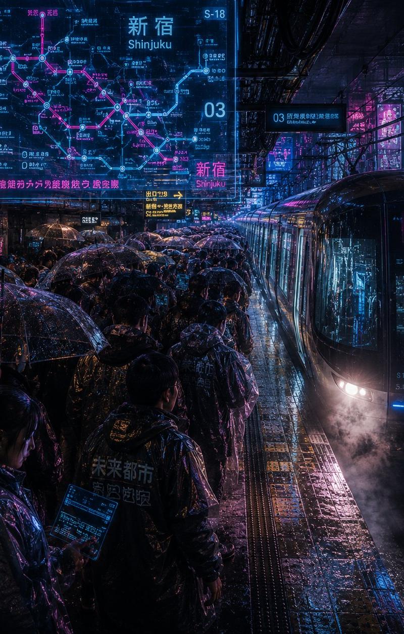 嘈杂的赛博朋克新宿雨中站台