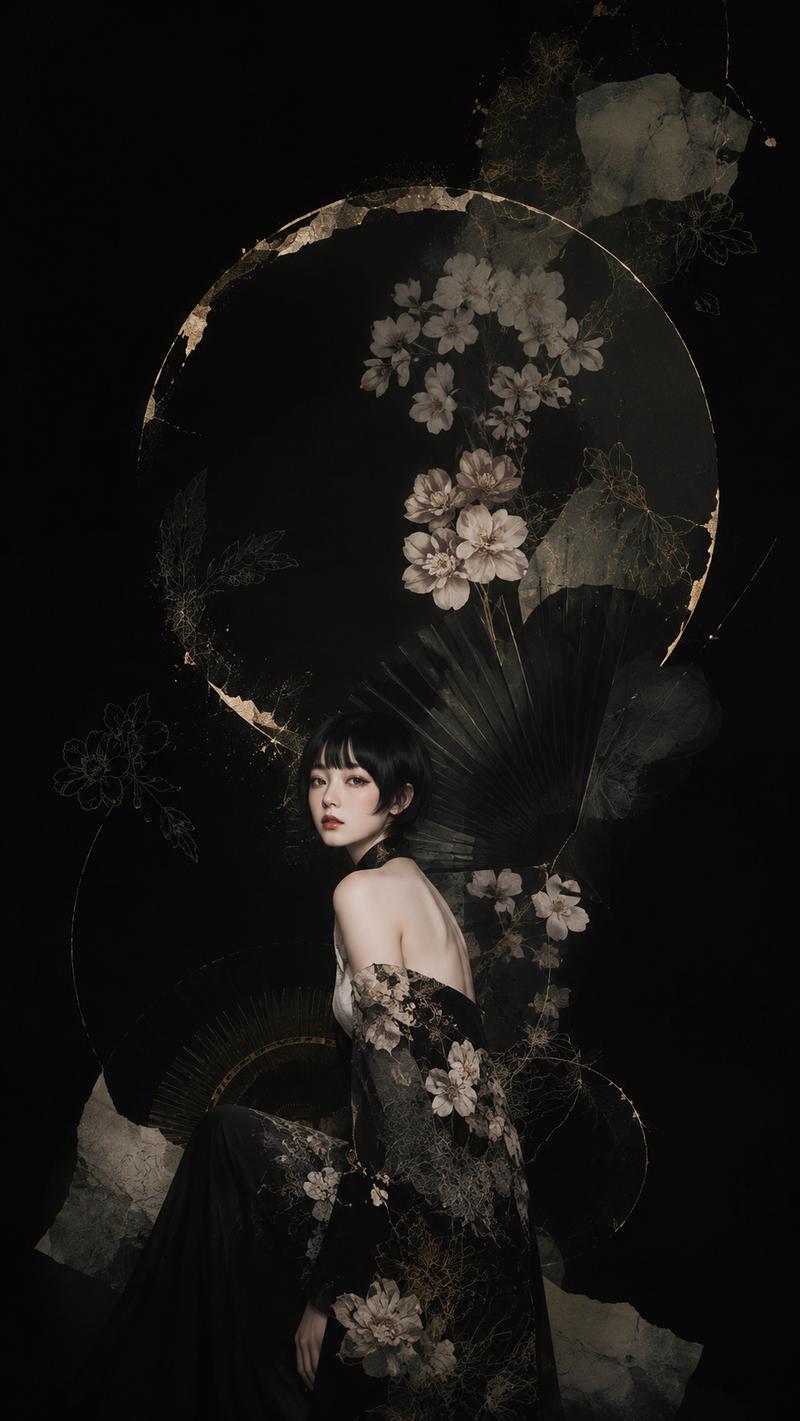 深色花卉和服肖像