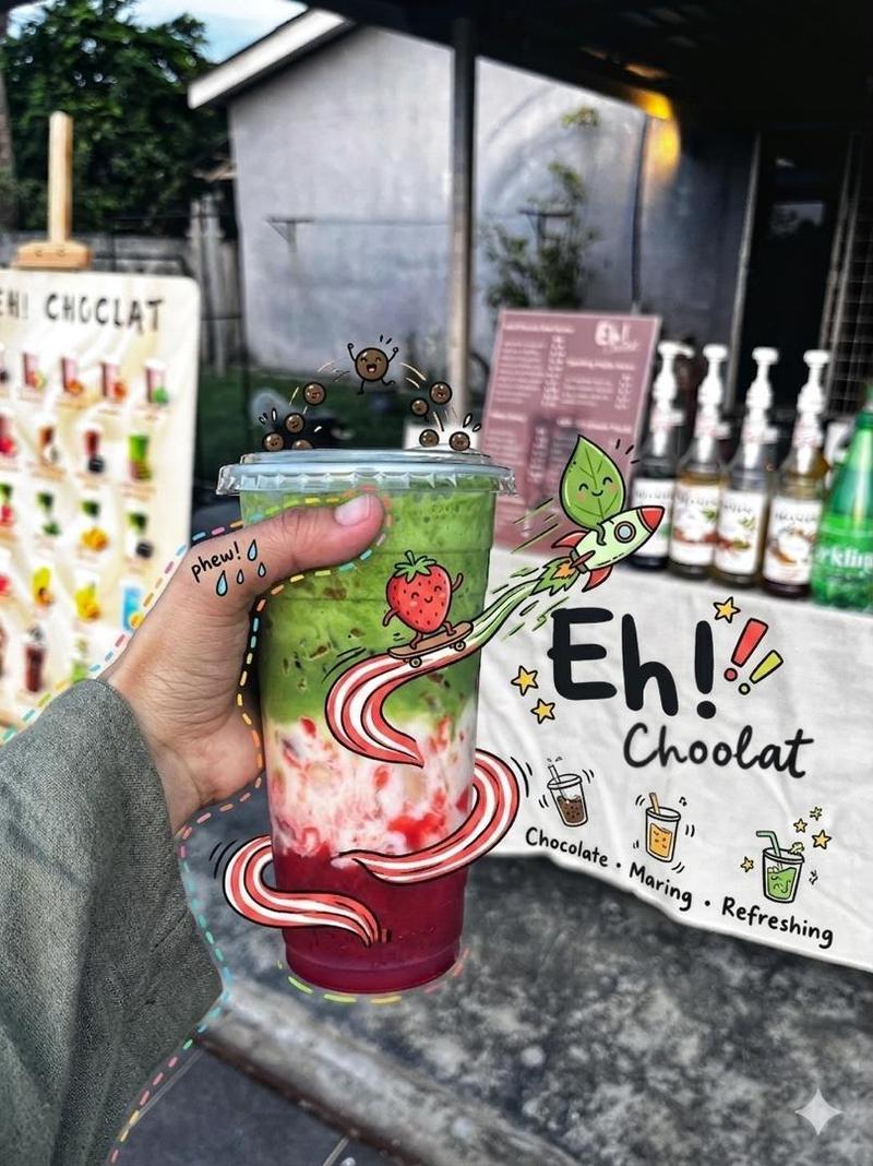 Doodled Strawberry Matcha Drink Photo