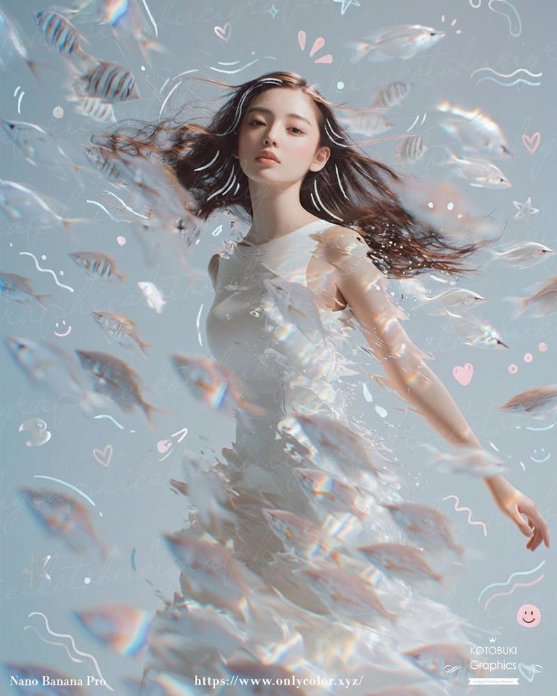 梦幻水下女子与半透明鱼群