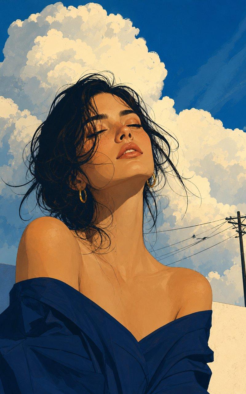优雅的编辑风天空女性插画