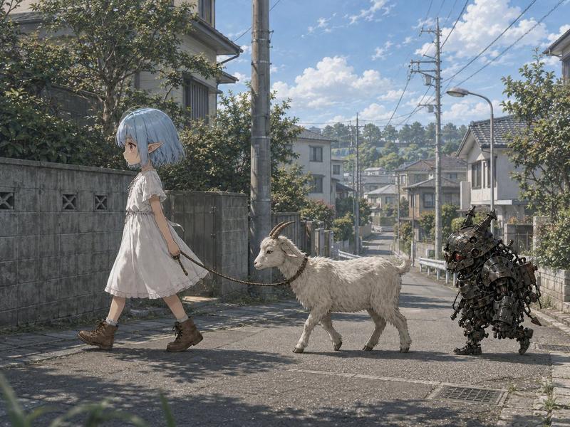 精灵女孩牵着山羊与机器人