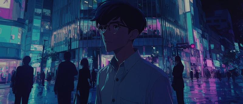 无脸动漫霓虹城市之夜