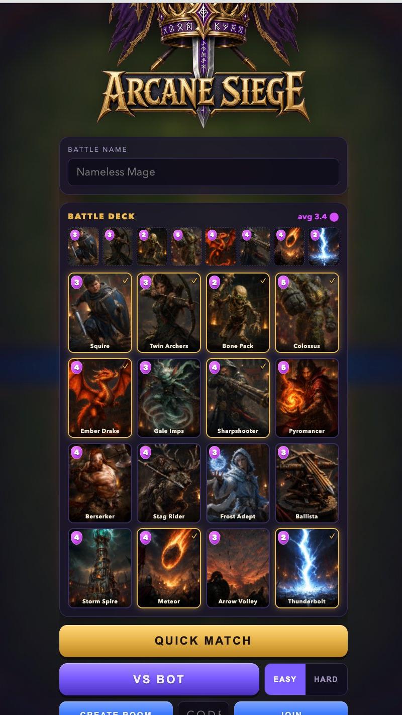 Arcane Siege 移动端卡组 UI