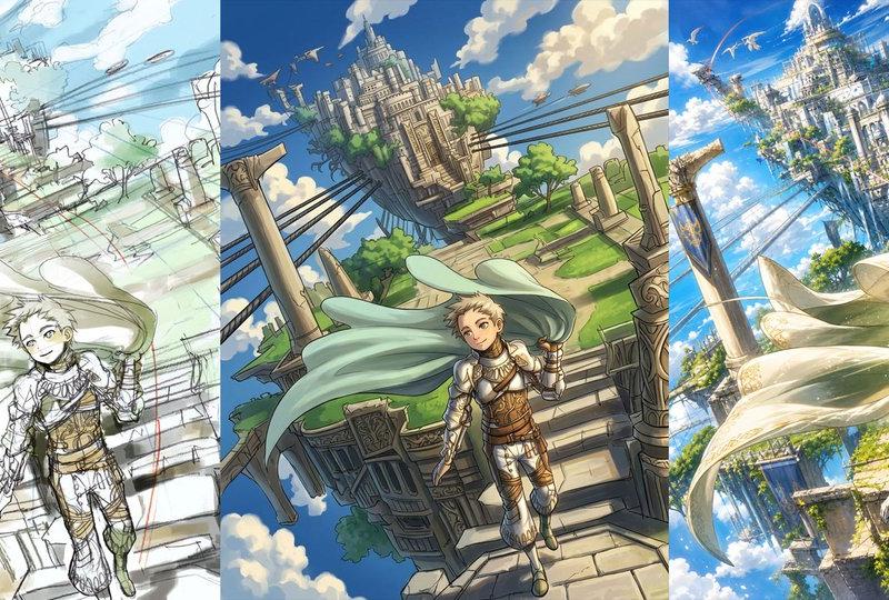 梦幻天空之城艺术演变三联画