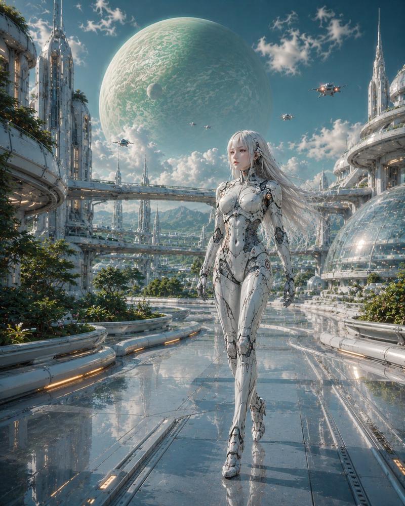 未来太空城市中的女性仿生人