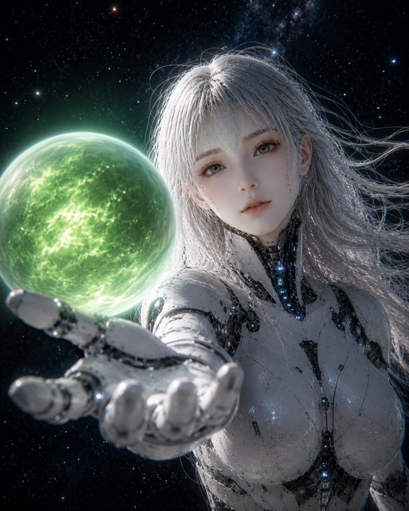 手持绿色星球的女性仿生人
