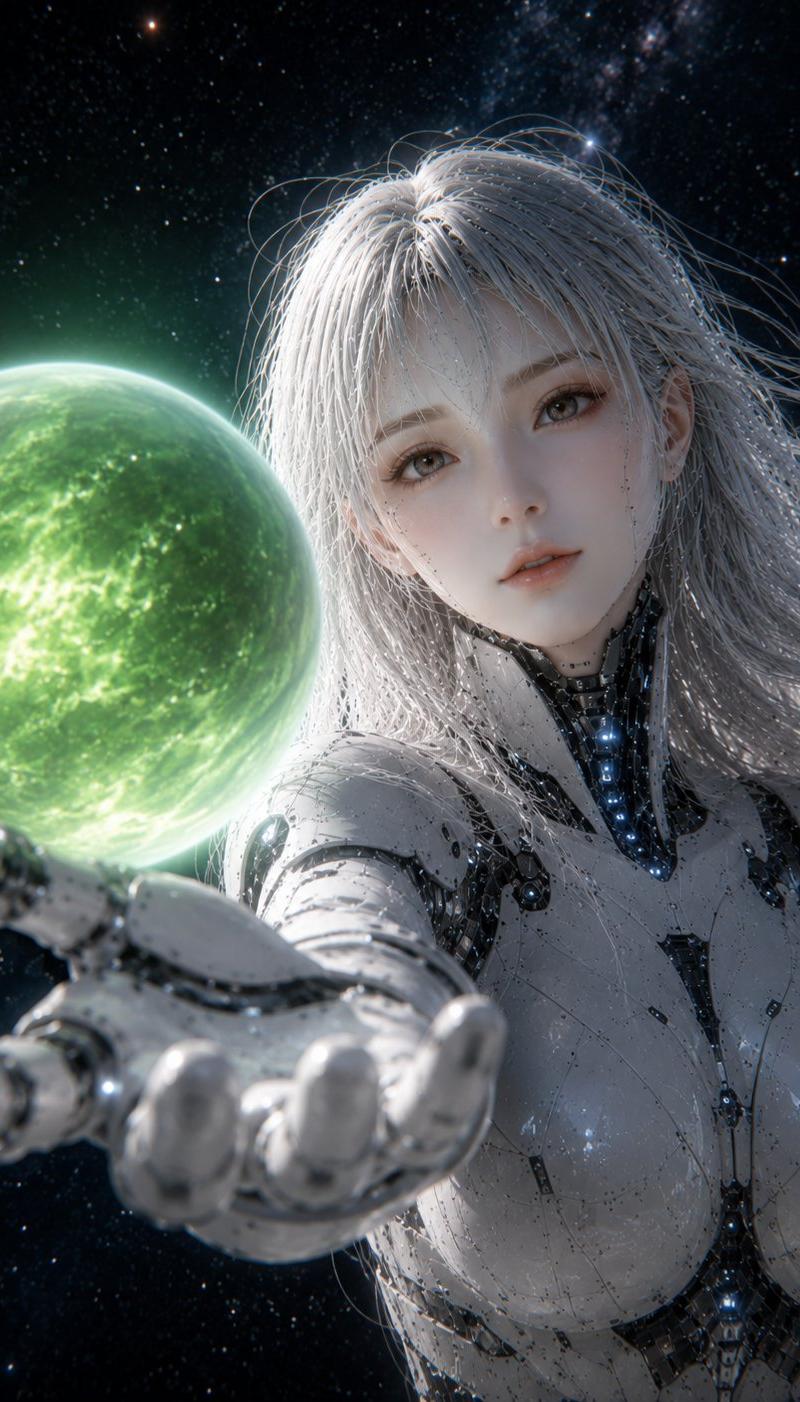 手持绿色星球的女性仿生人