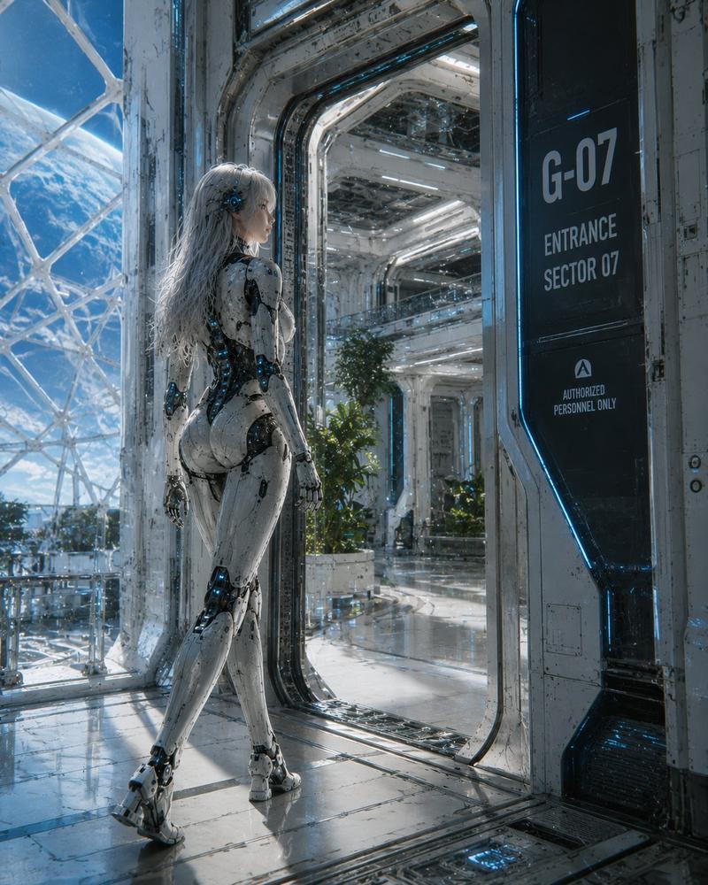 空间站入口处的女性仿生人