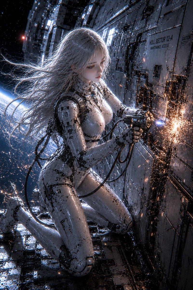 女性仿生人维修宇宙飞船外壳