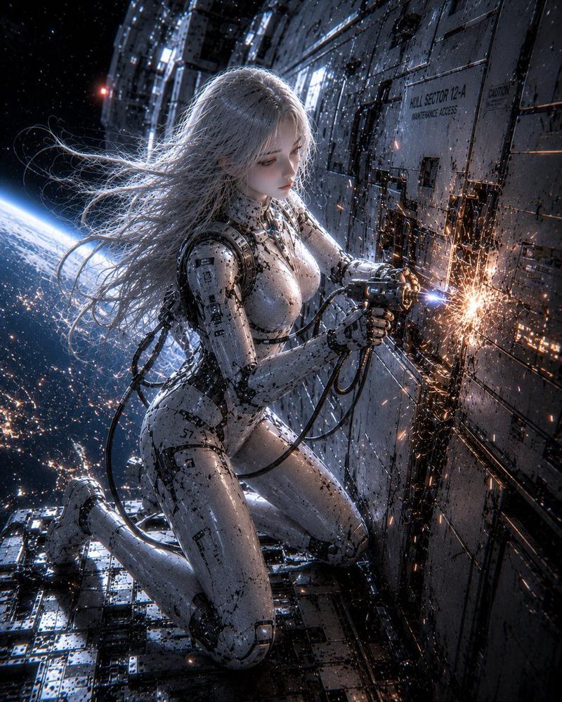 女性仿生人维修宇宙飞船外壳