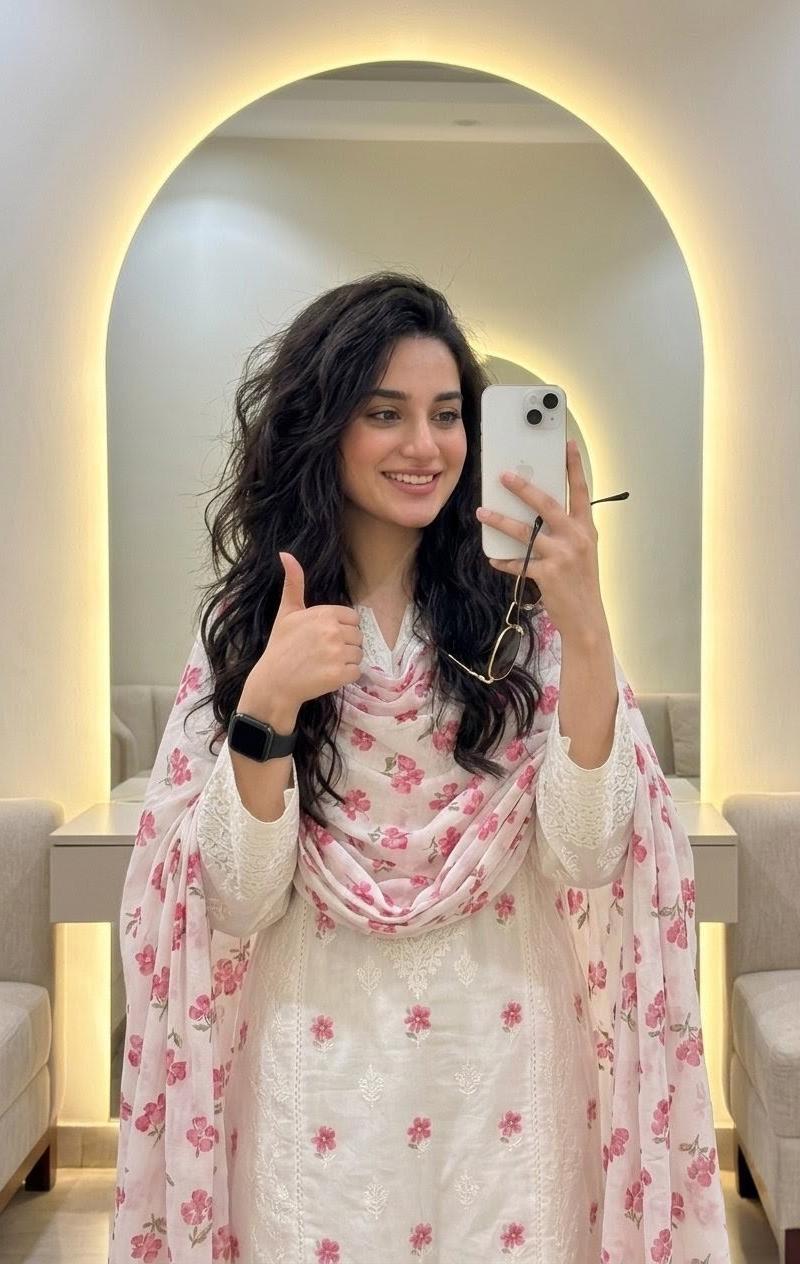 身穿花卉 Shalwar Kameez 的背光镜面自拍