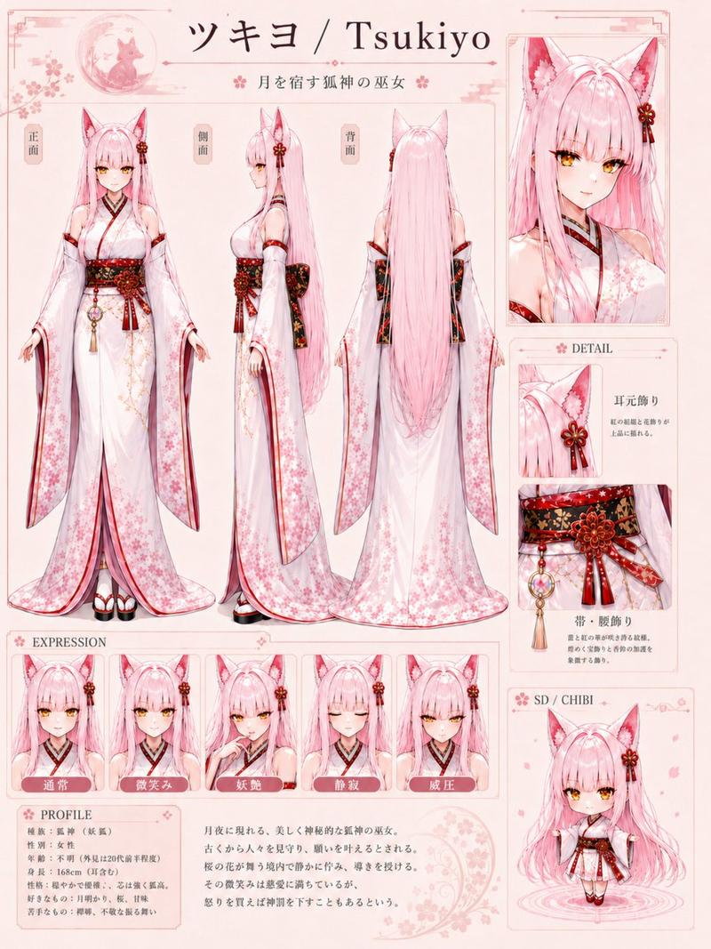 Tsukiyo 狐巫女角色设定参考图