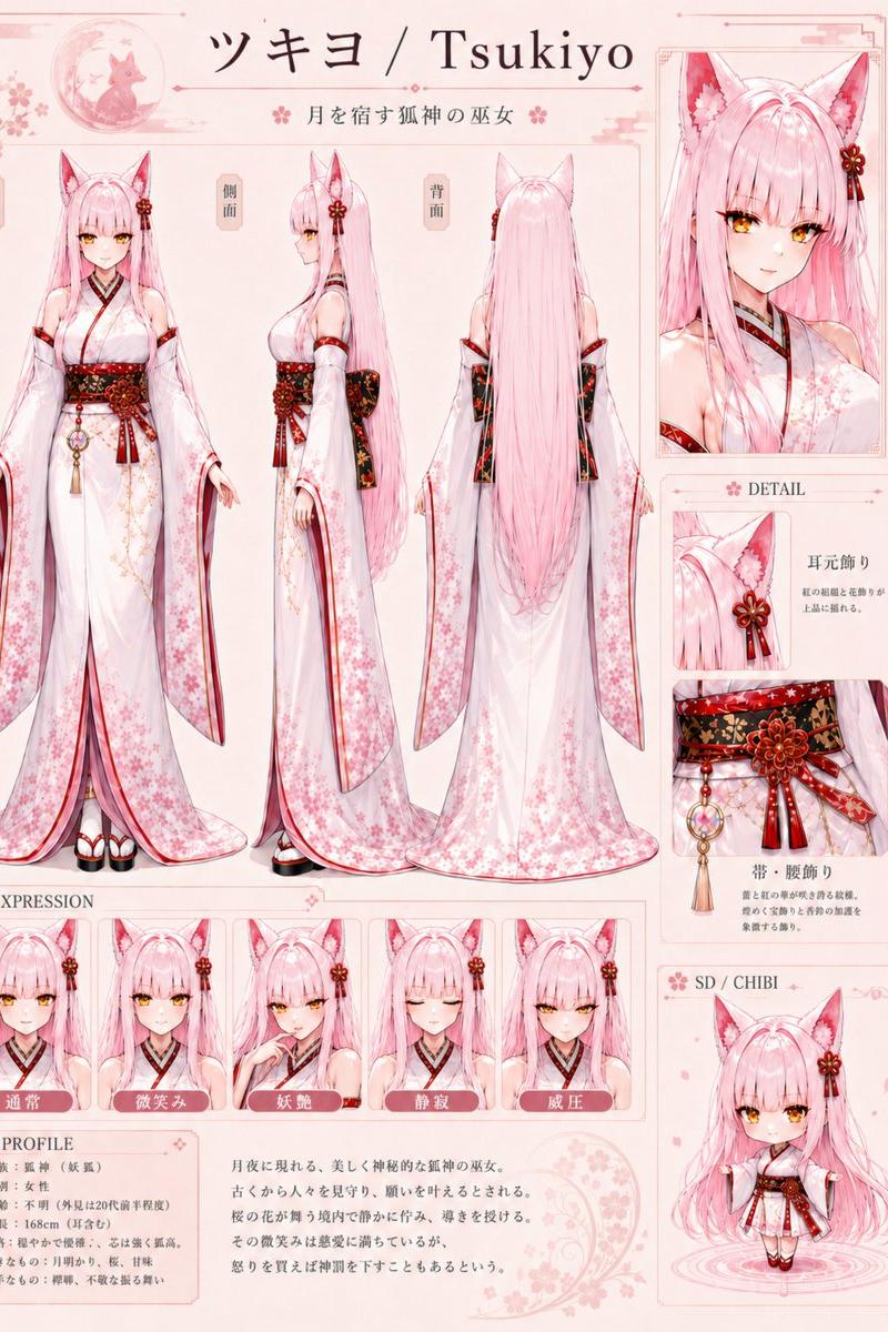 Tsukiyo 狐巫女角色设定参考图