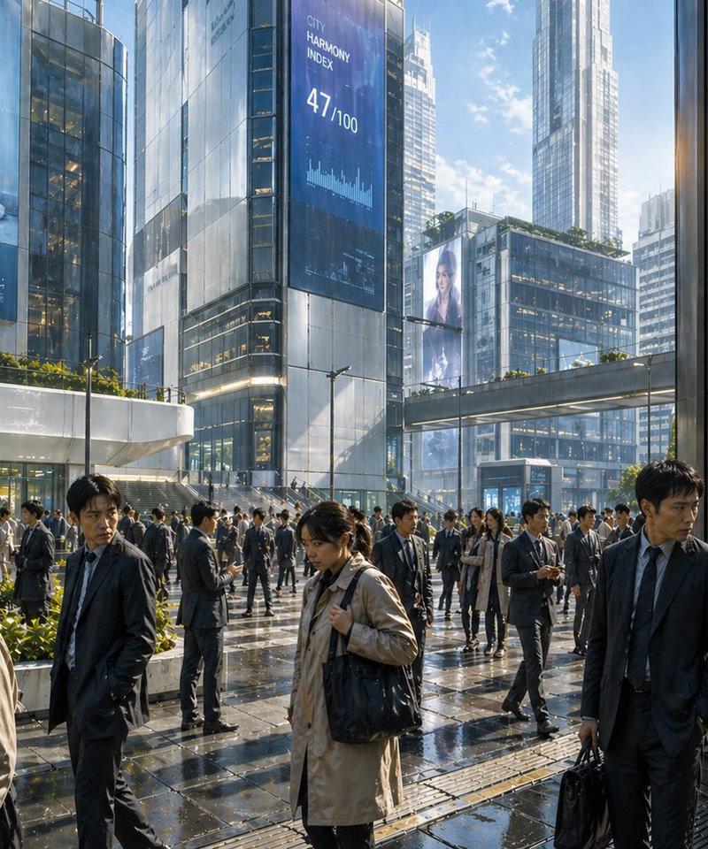 充满数据项目展示的未来企业广场