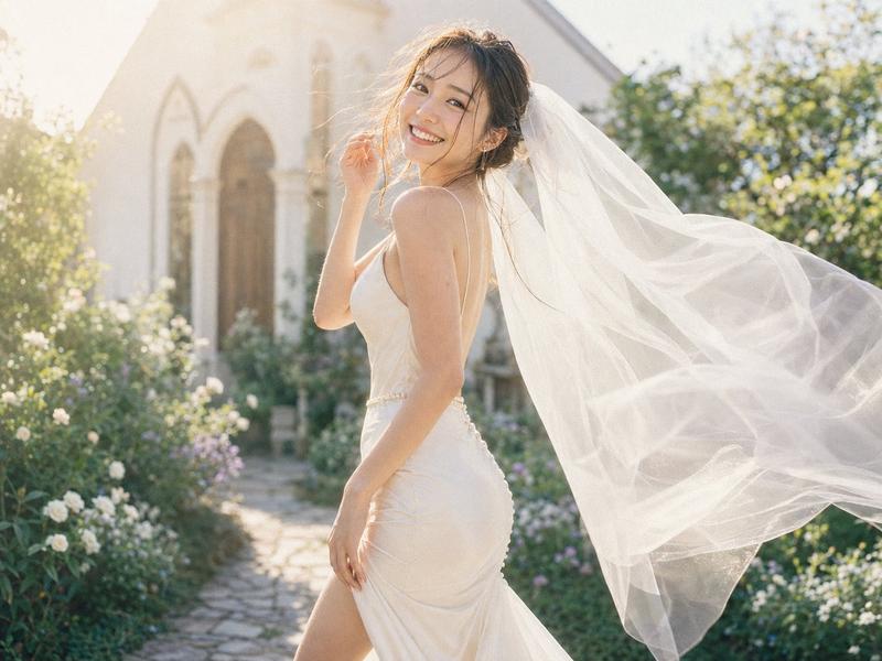 阳光花园中佩戴飘逸头纱的新娘