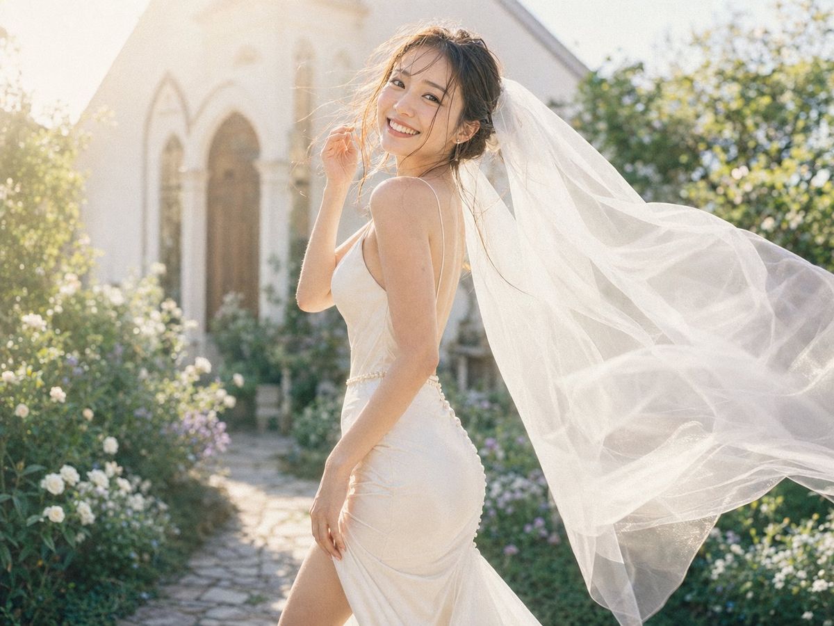 阳光花园中佩戴飘逸头纱的新娘