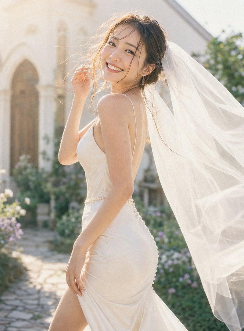 阳光花园中佩戴飘逸头纱的新娘