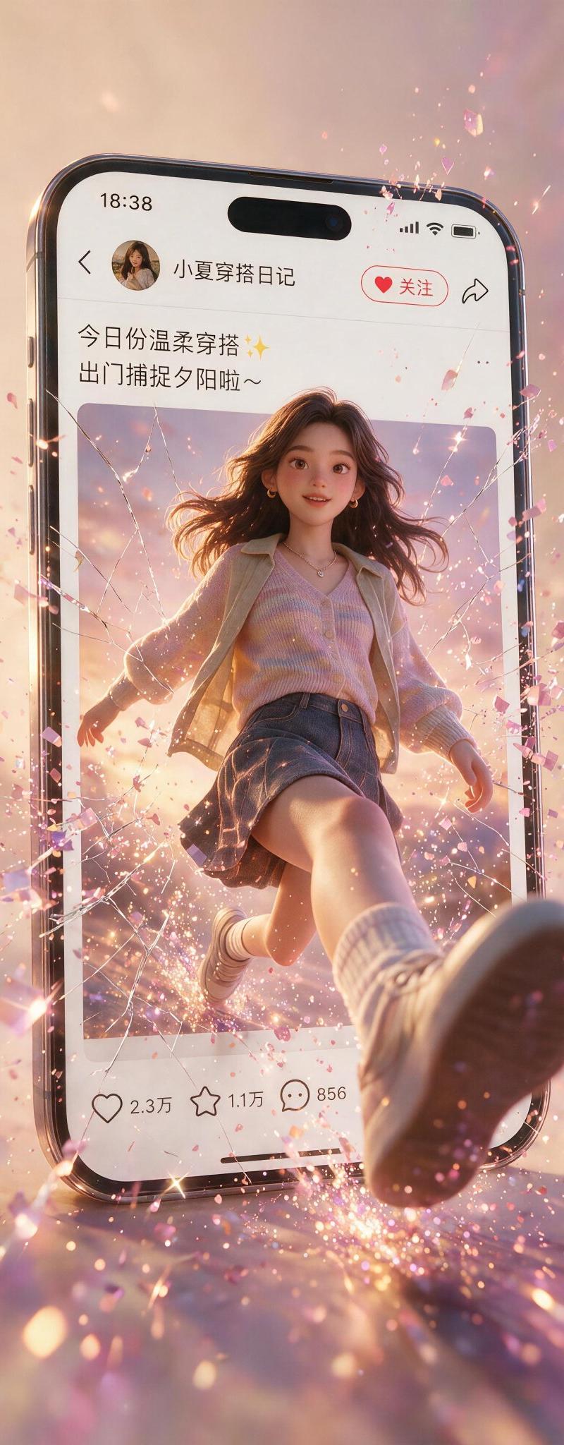 少女从手机屏幕中破屏而出
