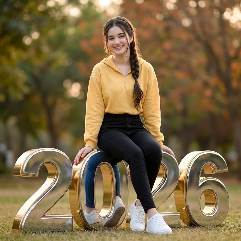 坐在 2026 数字上的女大学生