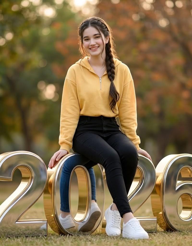 坐在 2026 数字上的女大学生