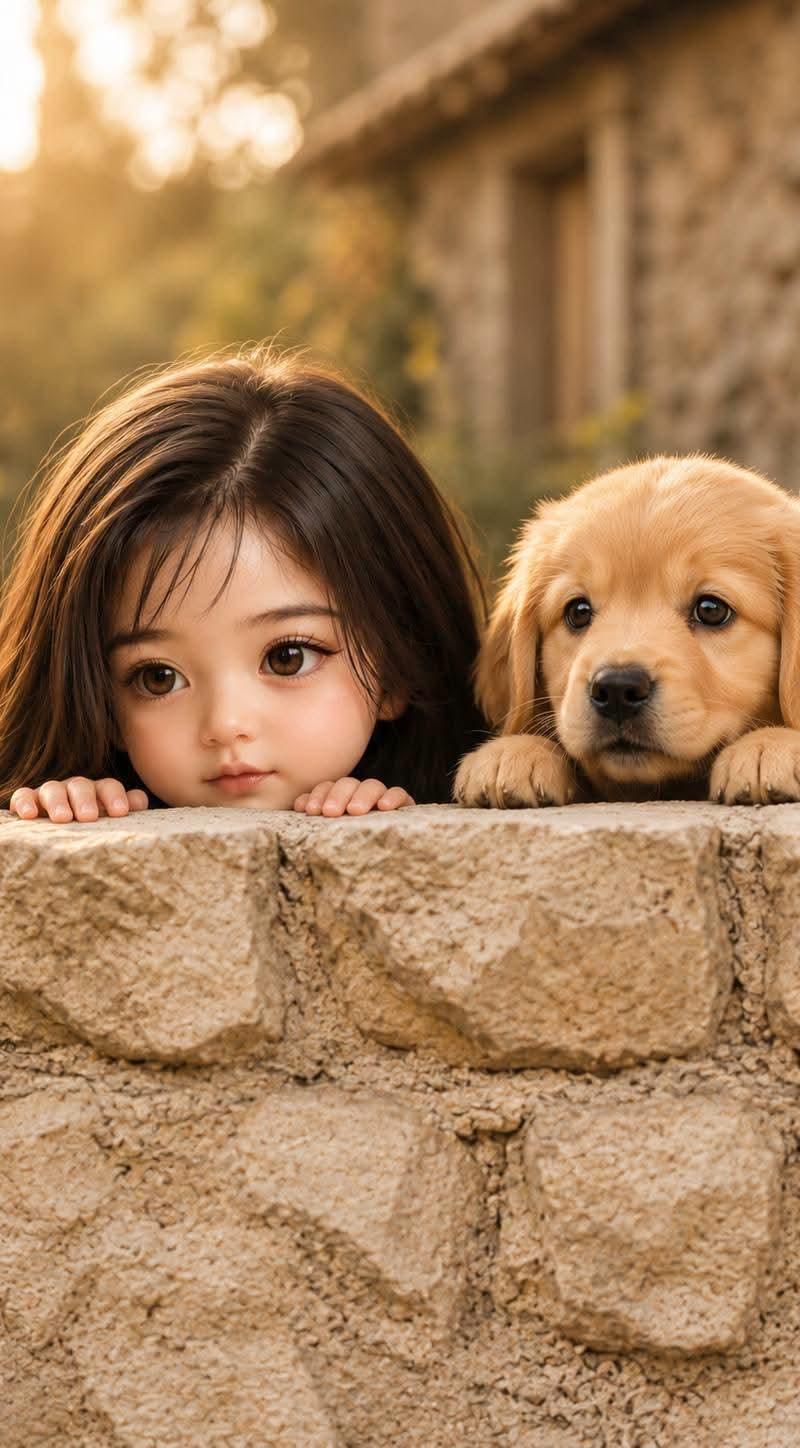 石墙后的女孩与金毛寻回犬
