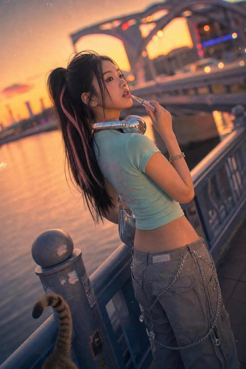电影感黄金时刻桥上人像