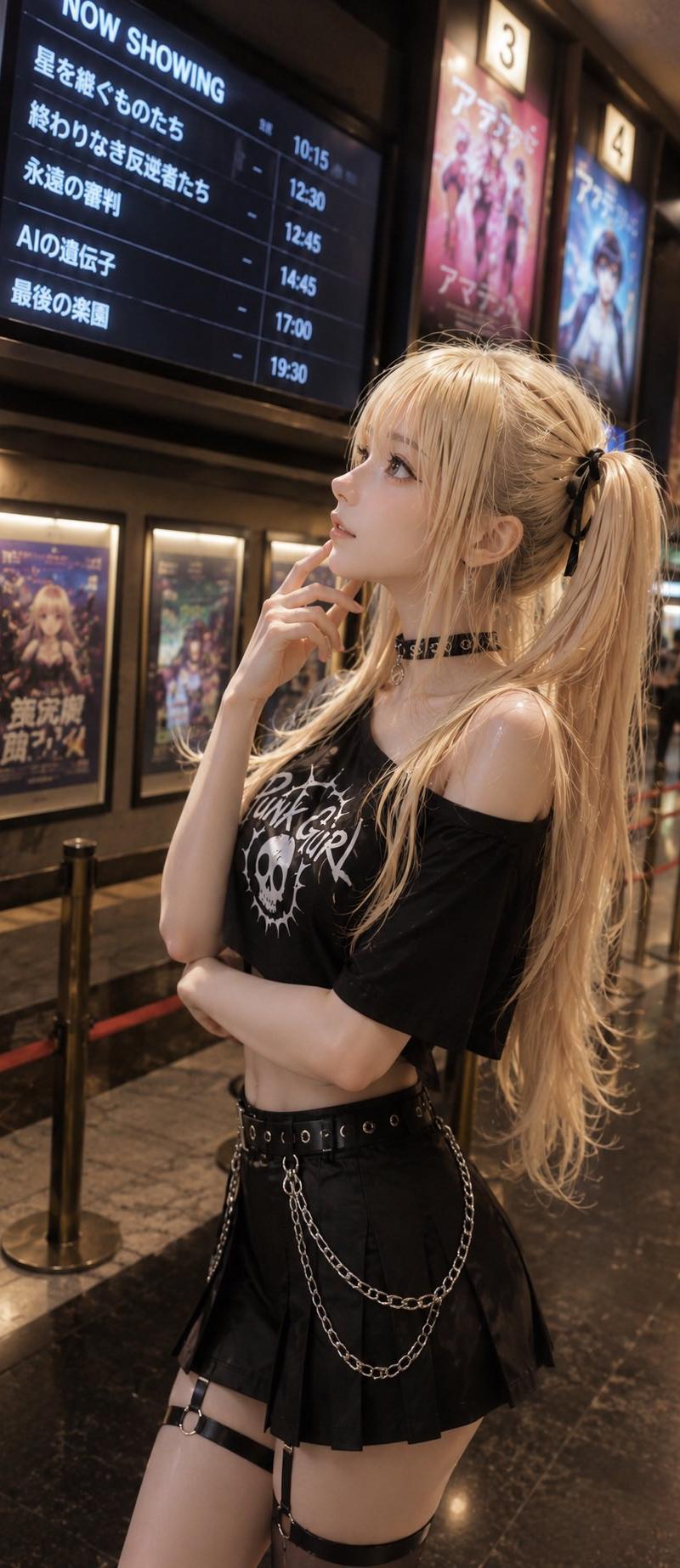 电影院大厅里的哥特风动漫少女