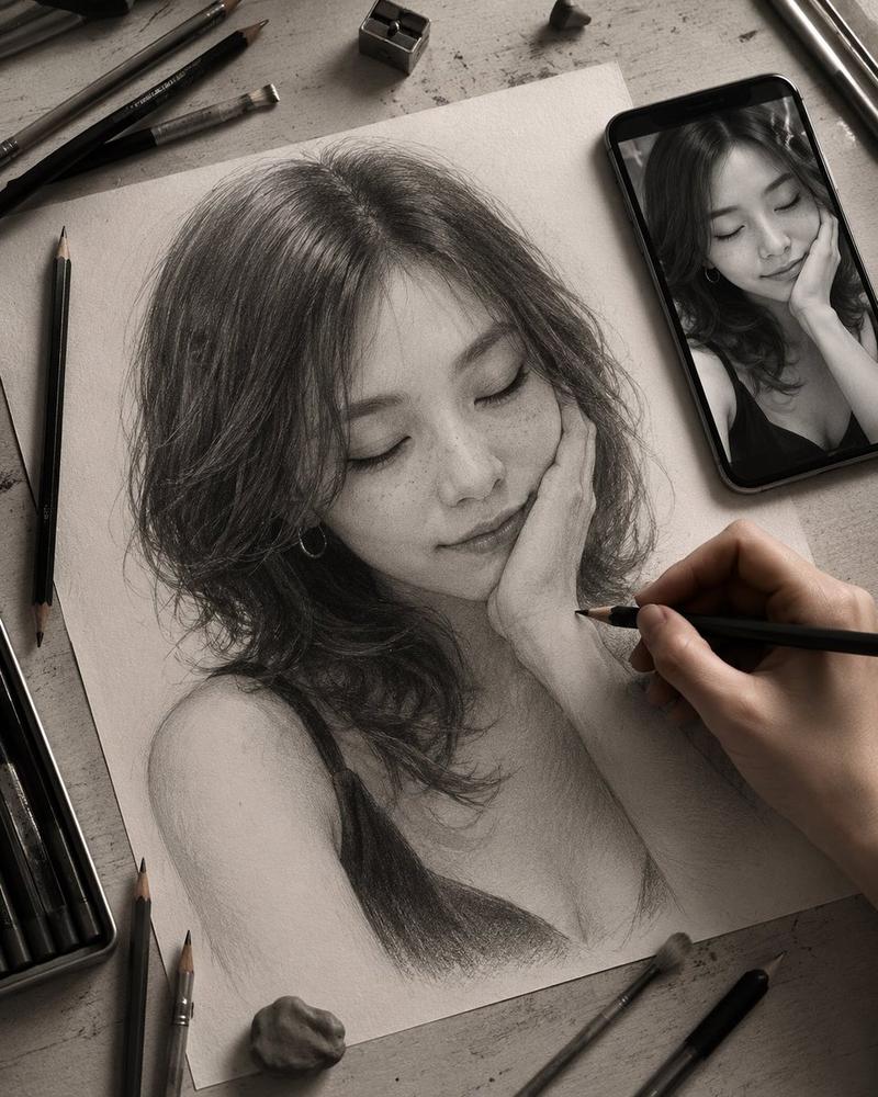 深夜石墨肖像画工作台