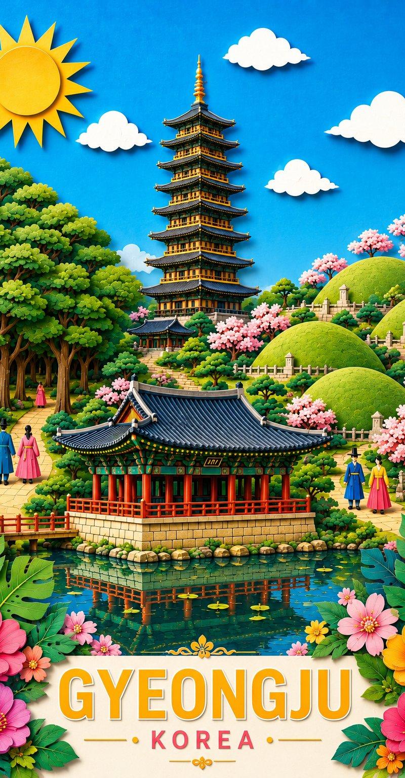 韩国庆州剪纸风格旅行海报