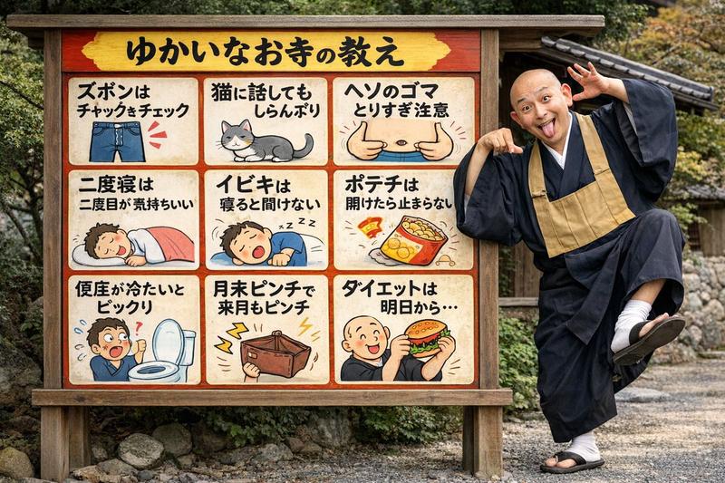 带有搞怪僧侣的趣味寺庙告示牌