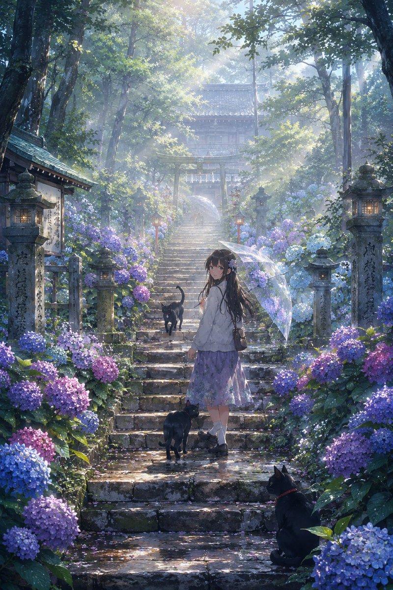 雨季神社绣球花场景