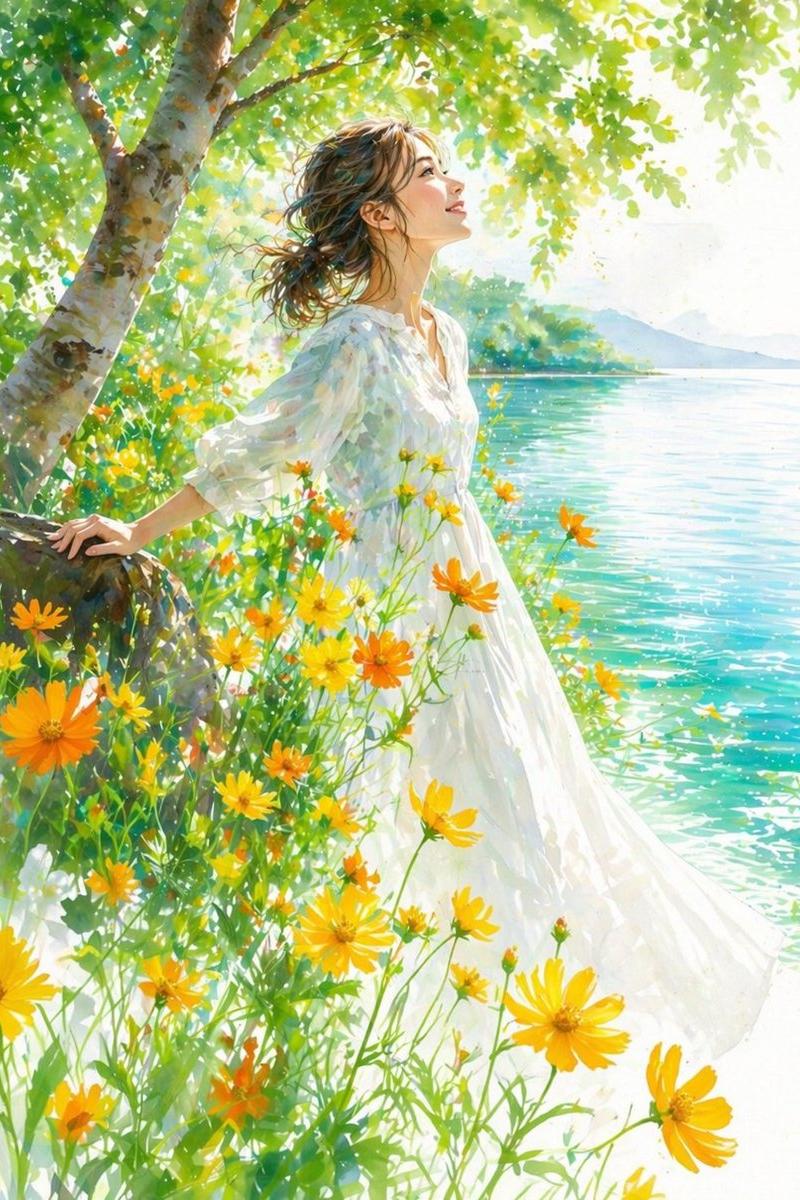 夏日湖畔的印象派女性