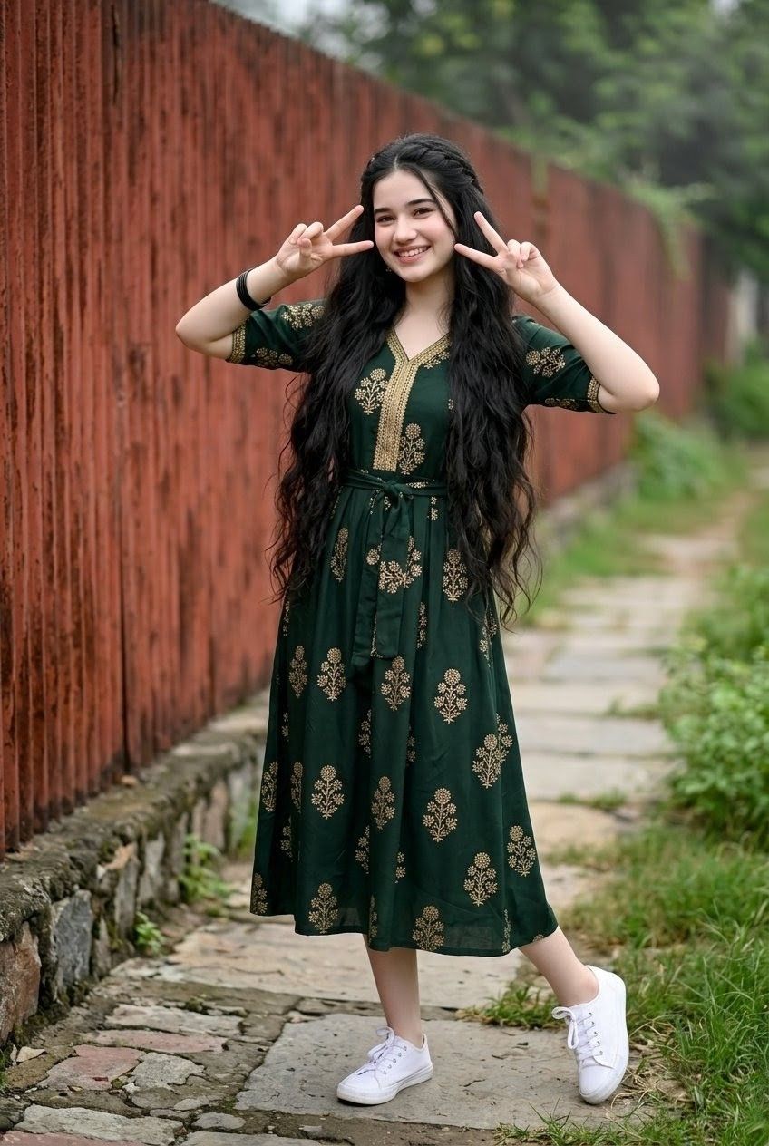 身穿绿色中长连衣裙的年轻印度女性