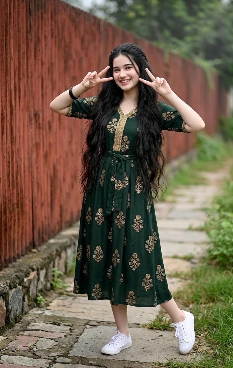 身穿绿色中长连衣裙的年轻印度女性