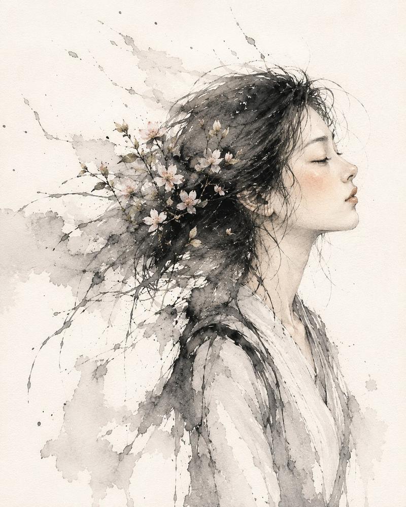 水墨樱花肖像