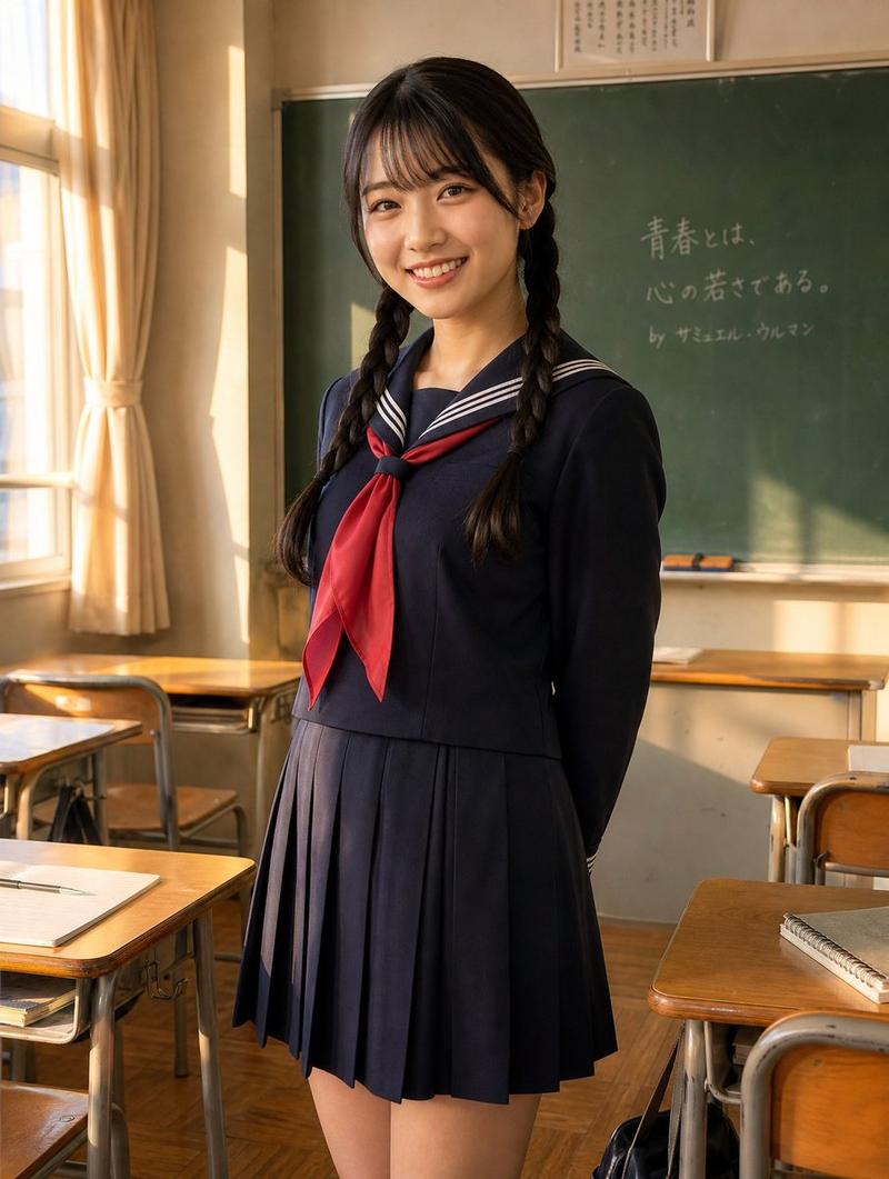 Sunlit Japanese Classroom Sailor Uniform Portrait