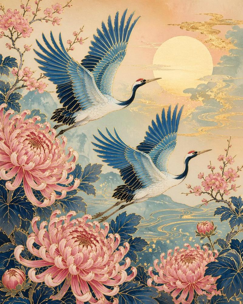 日式仙鹤与菊花艺术