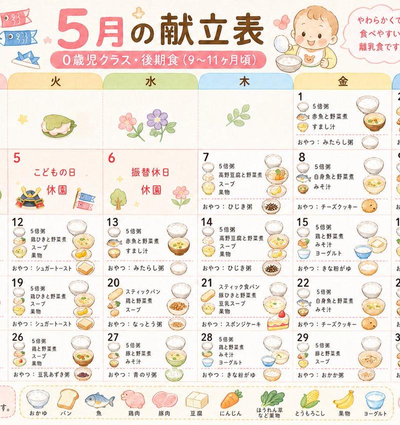 可爱日式托儿所菜单日历