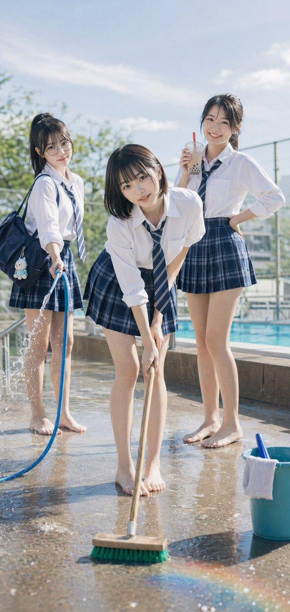 泳池边学校清洁场景