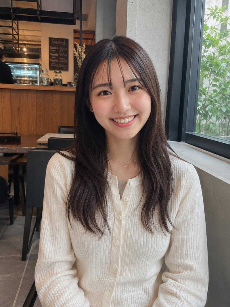 年轻日本女性的写实咖啡馆肖像