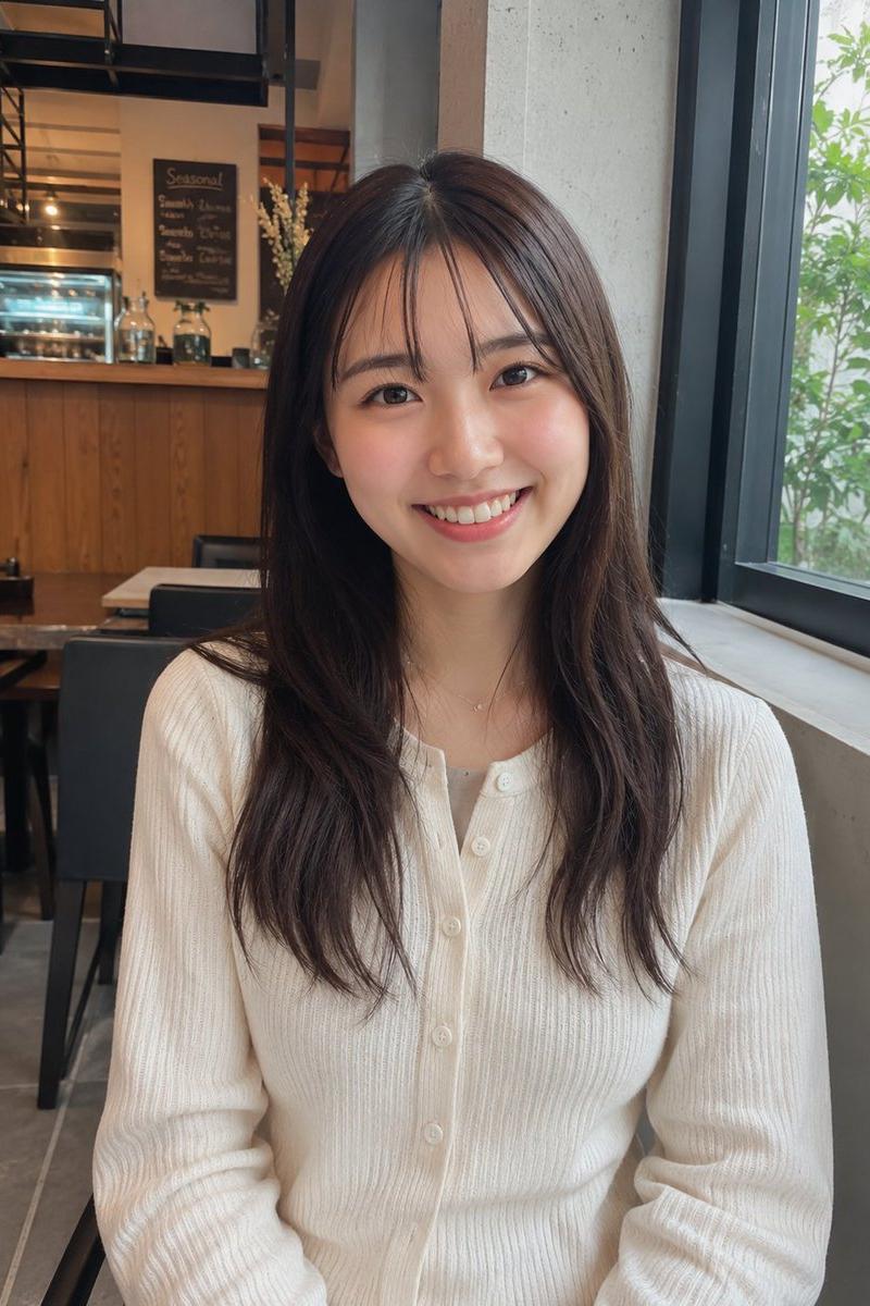 年轻日本女性的写实咖啡馆肖像