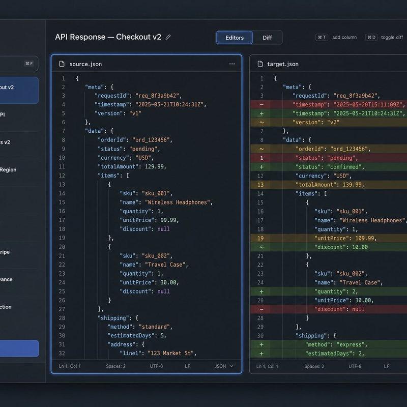 深色 JSON Diff 工具 UI 原型